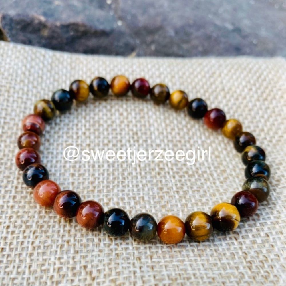 Mixed Multicolored Tiger’s Eye Gemstone Bead Stretch Bracelet 6mm Small Stone
